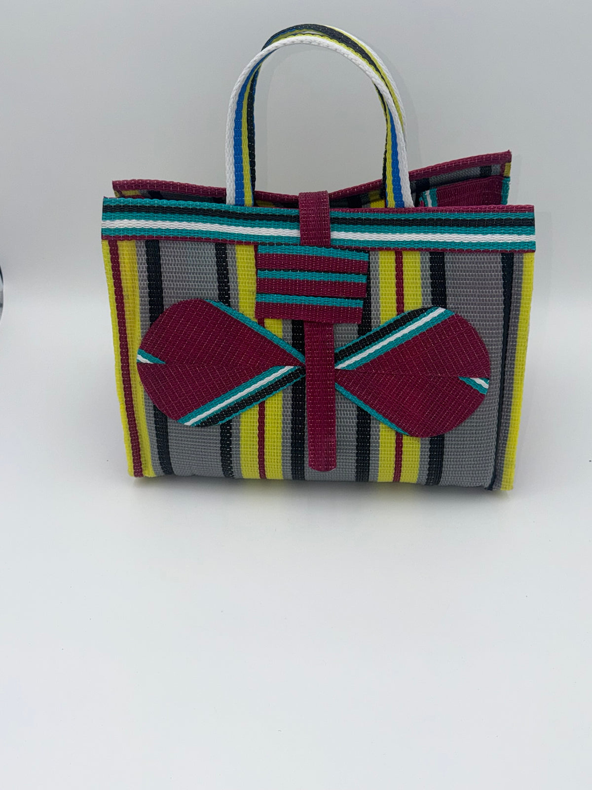 Carbon Large handwoven tote bag by SCRUBIES in Wine,Yellow,Grey,Teal with Stripes design and Bow accent pattern