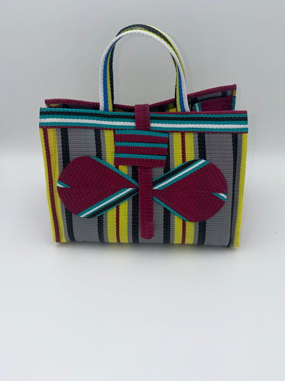 Carbon Large handwoven tote bag by SCRUBIES in Wine,Yellow,Grey,Teal with Stripes design and Bow accent pattern