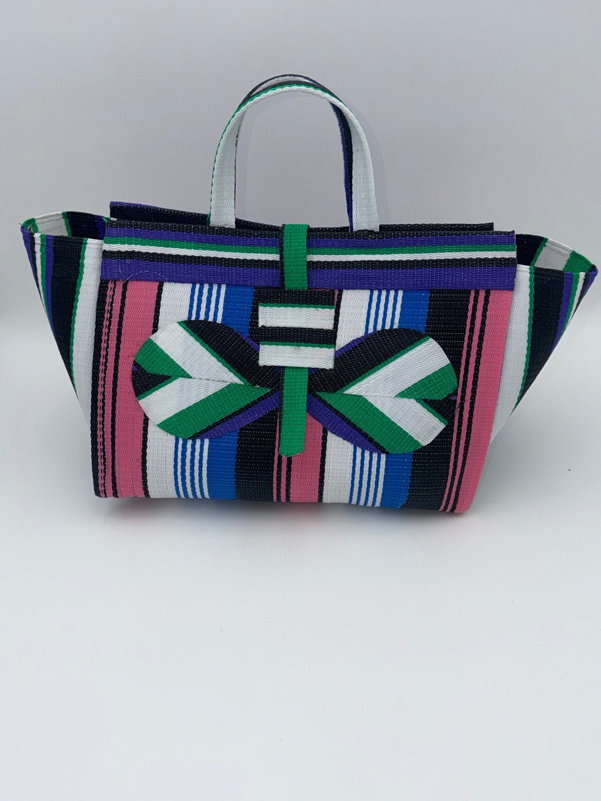 Candy Large handwoven tote bag by SCRUBIES in Pink,White,Black,Purple with Stripes design and Bow accent pattern