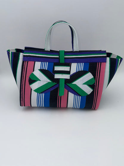 Candy Large handwoven tote bag by SCRUBIES in Pink,White,Black,Purple with Stripes design and Bow accent pattern