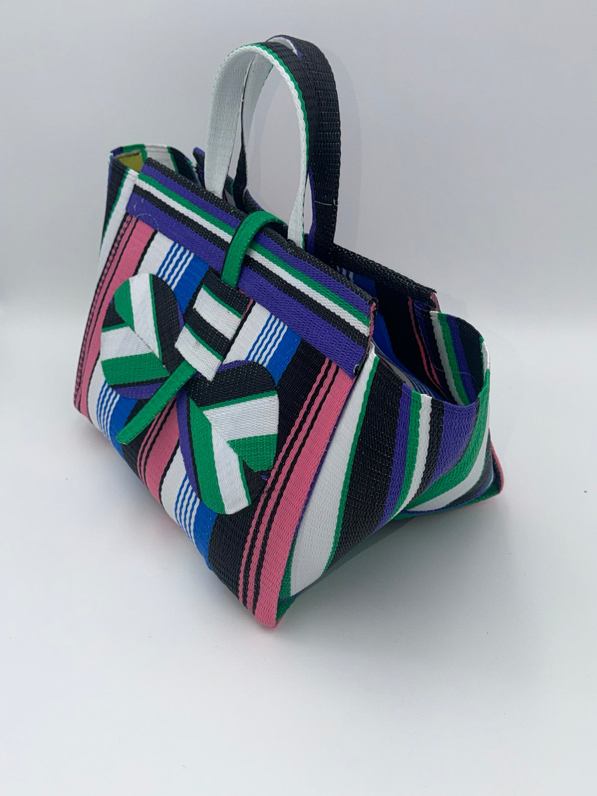 Candy Large handwoven tote bag by SCRUBIES in Pink,White,Black,Purple with Stripes design and Bow accent pattern