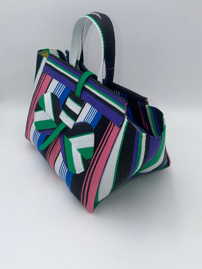Candy Large handwoven tote bag by SCRUBIES in Pink,White,Black,Purple with Stripes design and Bow accent pattern