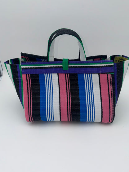 Candy Large handwoven tote bag by SCRUBIES in Pink,White,Black,Purple with Stripes design and Bow accent pattern