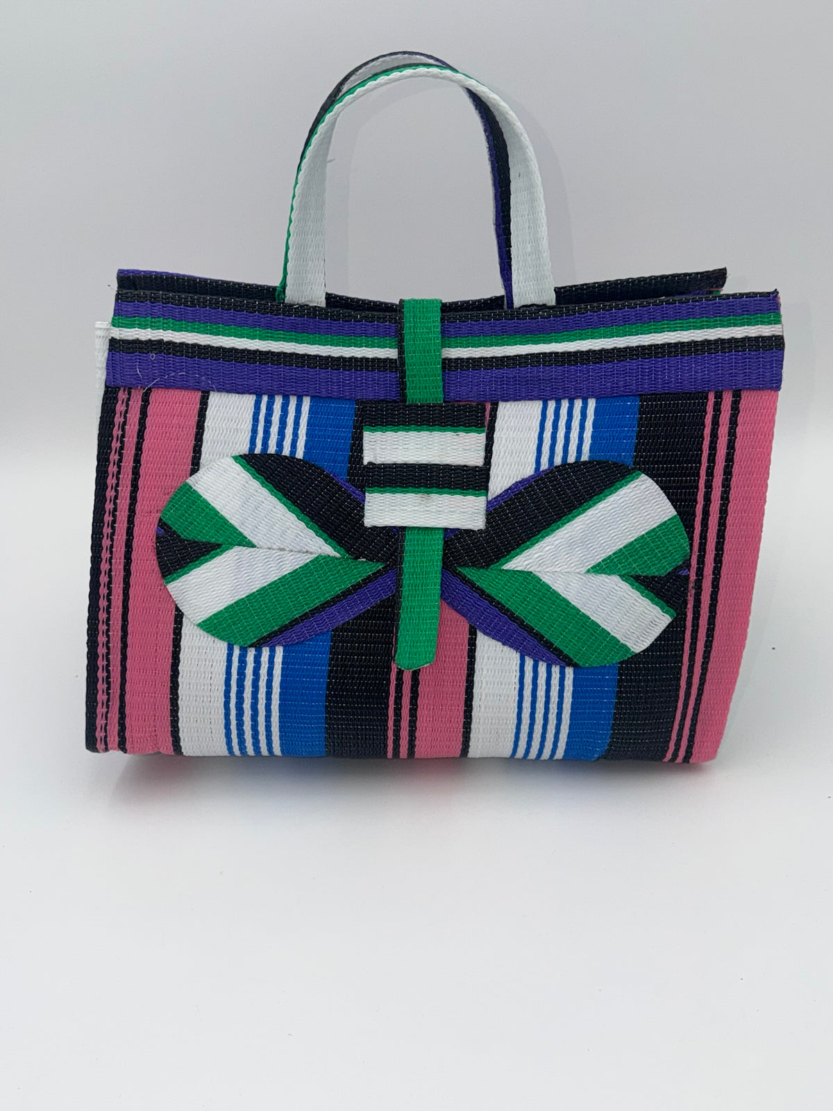 Candy Large handwoven tote bag by SCRUBIES in Pink,White,Black,Purple with Stripes design and Bow accent pattern