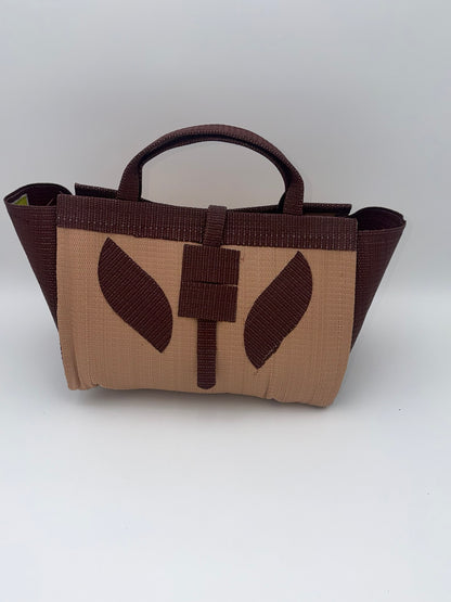 Caramel Large handwoven tote bag by SCRUBIES in Beige,Brown with Solid design and Leaf accent pattern
