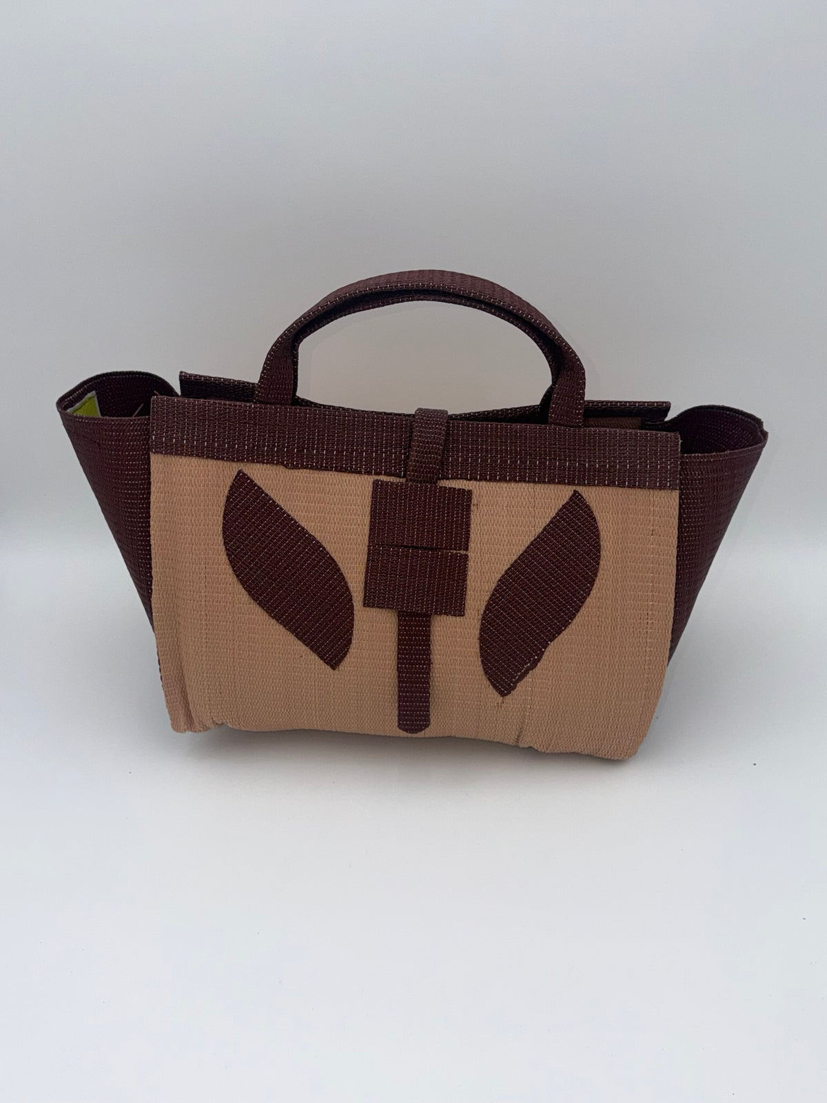 Caramel Large handwoven tote bag by SCRUBIES in Beige,Brown with Solid design and Leaf accent pattern