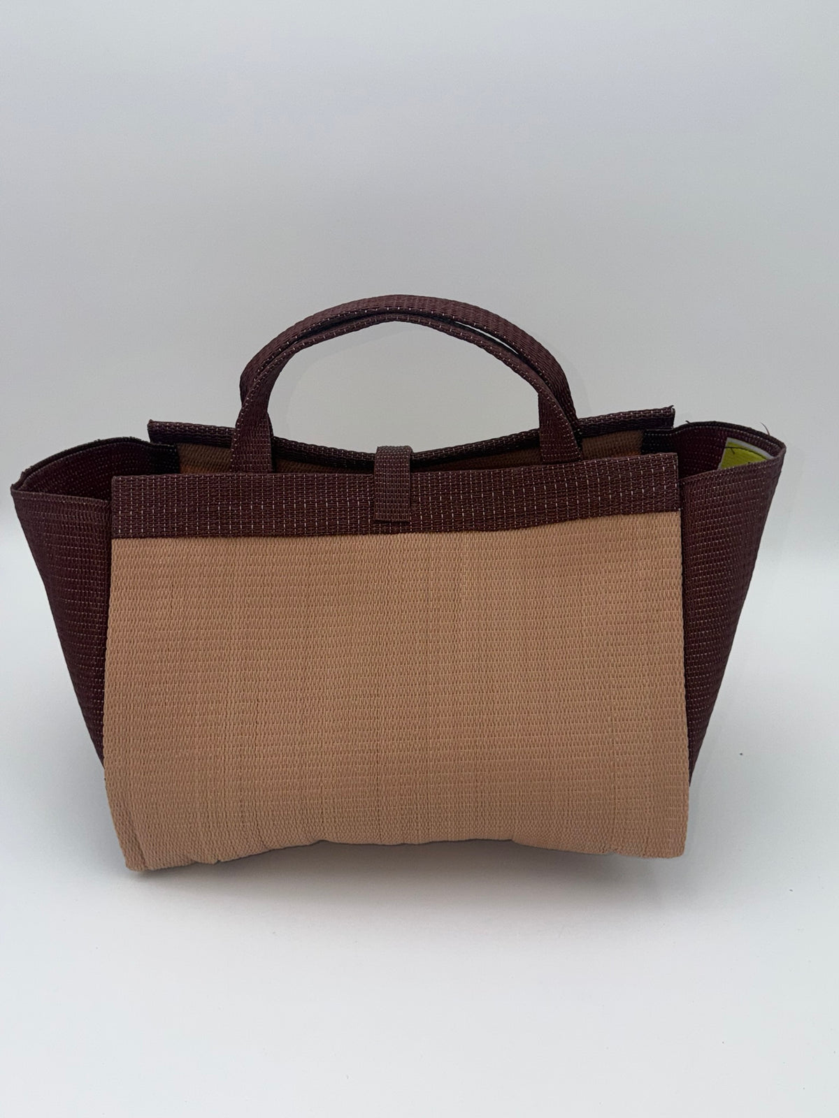 Caramel Large handwoven tote bag by SCRUBIES in Beige,Brown with Solid design and Leaf accent pattern
