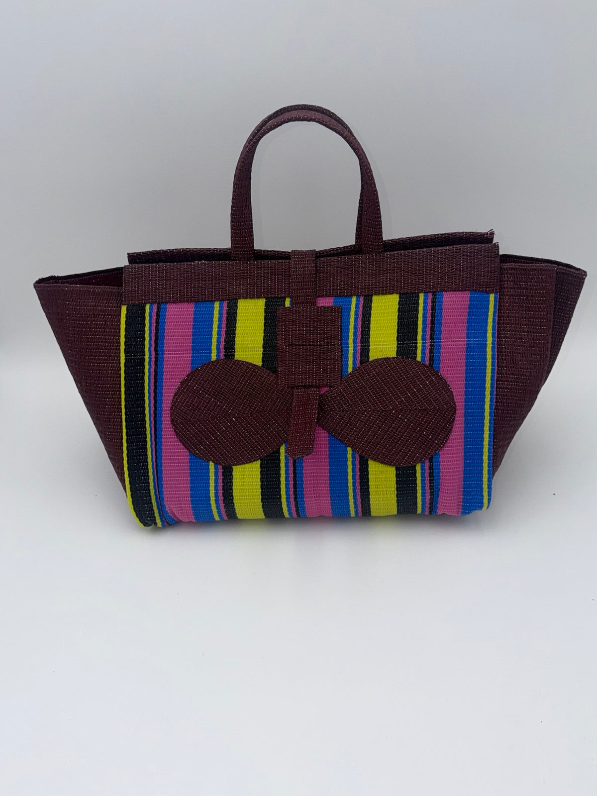 Caramel Large handwoven tote bag by SCRUBIES in Beige,Brown with Solid design and Leaf accent pattern