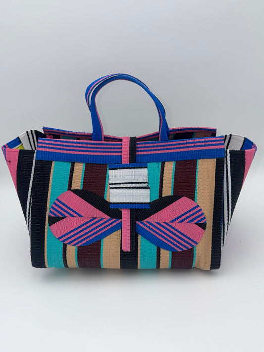 Boho Large handwoven tote bag by SCRUBIES in Pink,Blue,Black,Teal,Brown with Stripes design and Bow accent pattern