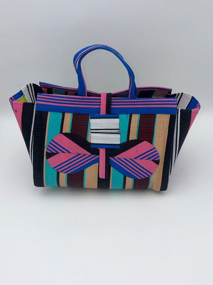 Boho Large handwoven tote bag by SCRUBIES in Pink,Blue,Black,Teal,Brown with Stripes design and Bow accent pattern