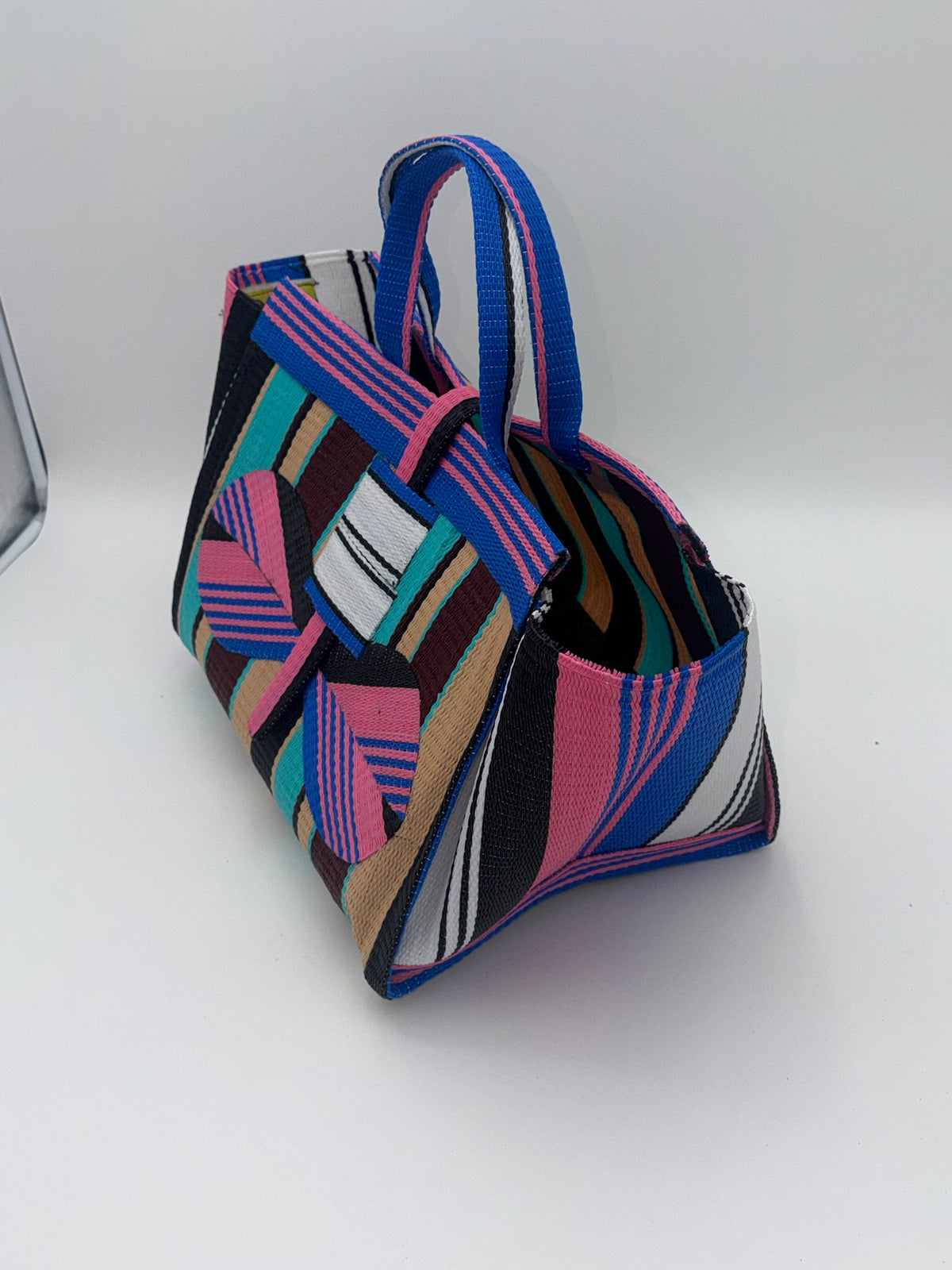 Boho Large handwoven tote bag by SCRUBIES in Pink,Blue,Black,Teal,Brown with Stripes design and Bow accent pattern