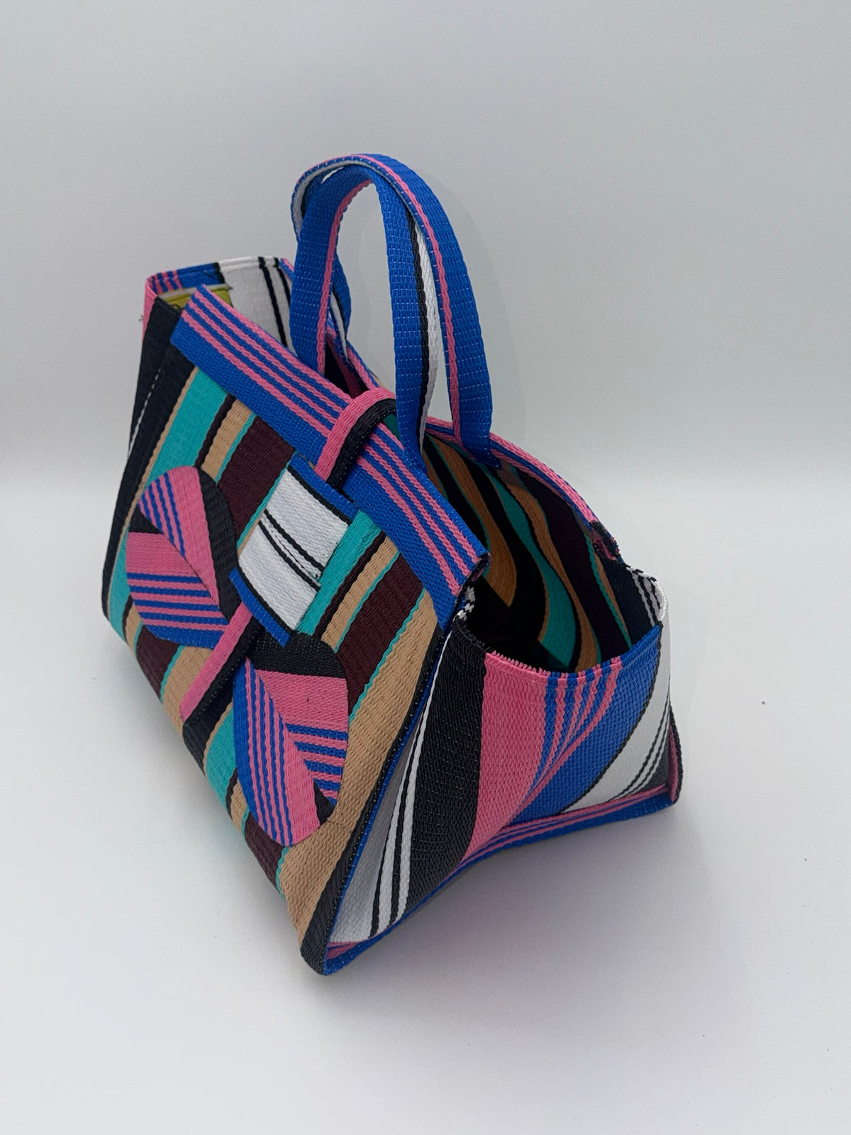 Boho Large handwoven tote bag by SCRUBIES in Pink,Blue,Black,Teal,Brown with Stripes design and Bow accent pattern