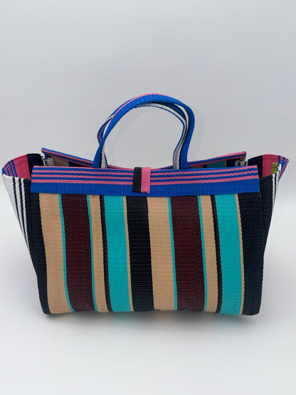 Boho Large handwoven tote bag by SCRUBIES in Pink,Blue,Black,Teal,Brown with Stripes design and Bow accent pattern