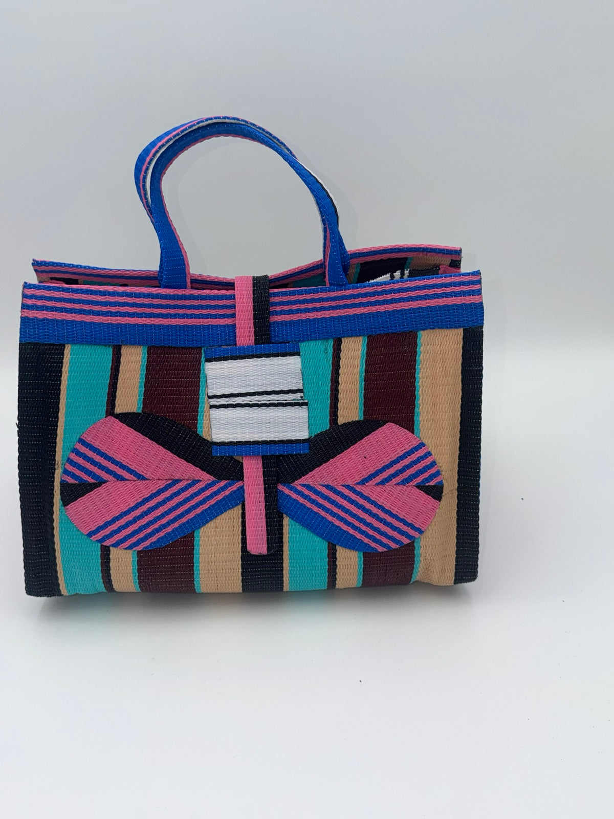Boho Large handwoven tote bag by SCRUBIES in Pink,Blue,Black,Teal,Brown with Stripes design and Bow accent pattern