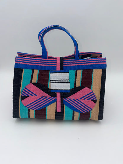 Boho Large handwoven tote bag by SCRUBIES in Pink,Blue,Black,Teal,Brown with Stripes design and Bow accent pattern