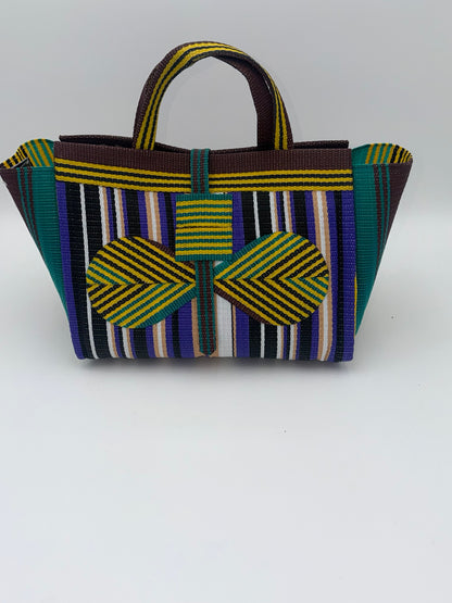 Lavender Large handwoven tote bag by SCRUBIES in Black,White,Purple,Brown,Green with Stripes design and Bow accent pattern