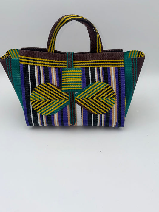 Lavender Large handwoven tote bag by SCRUBIES in Black,White,Purple,Brown,Green with Stripes design and Bow accent pattern