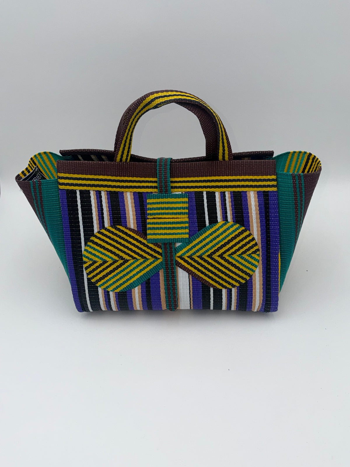 Lavender Large handwoven tote bag by SCRUBIES in Black,White,Purple,Brown,Green with Stripes design and Bow accent pattern