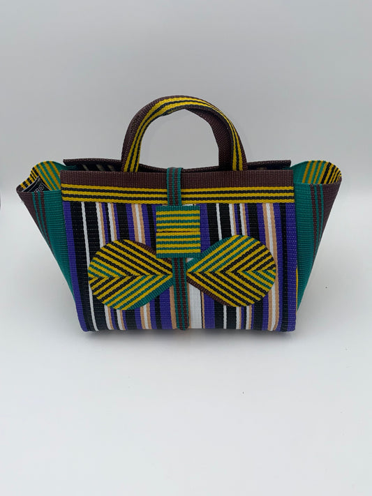 Lavender Large handwoven tote bag by SCRUBIES in Black,White,Purple,Brown,Green with Stripes design and Bow accent pattern