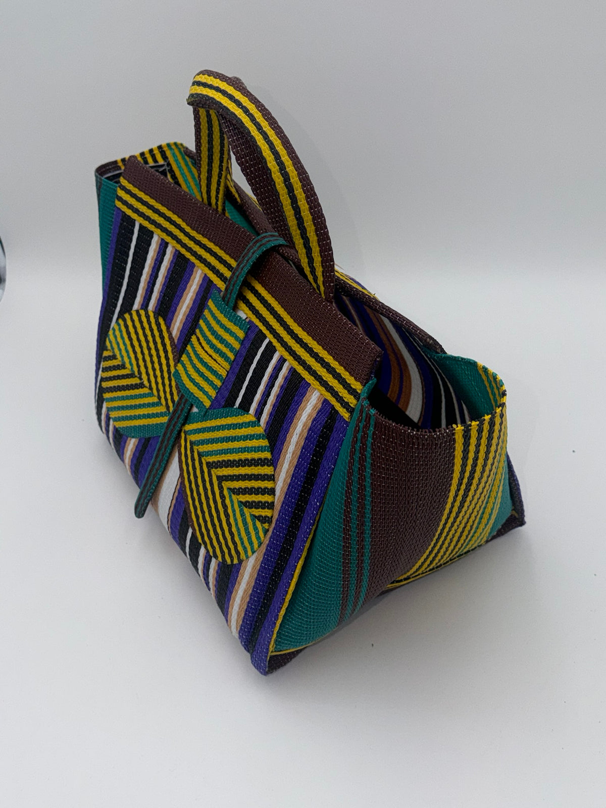 Lavender Large handwoven tote bag by SCRUBIES in Black,White,Purple,Brown,Green with Stripes design and Bow accent pattern