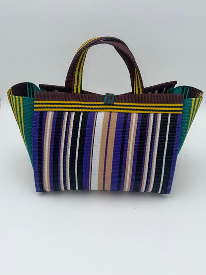 Lavender Large handwoven tote bag by SCRUBIES in Black,White,Purple,Brown,Green with Stripes design and Bow accent pattern