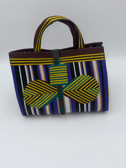 Lavender Large handwoven tote bag by SCRUBIES in Black,White,Purple,Brown,Green with Stripes design and Bow accent pattern