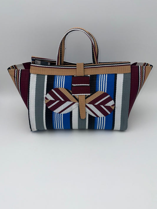 Berry Large handwoven tote bag by SCRUBIES in Beige,White,Grey,Black,Wine with Stripes design and Bow accent pattern