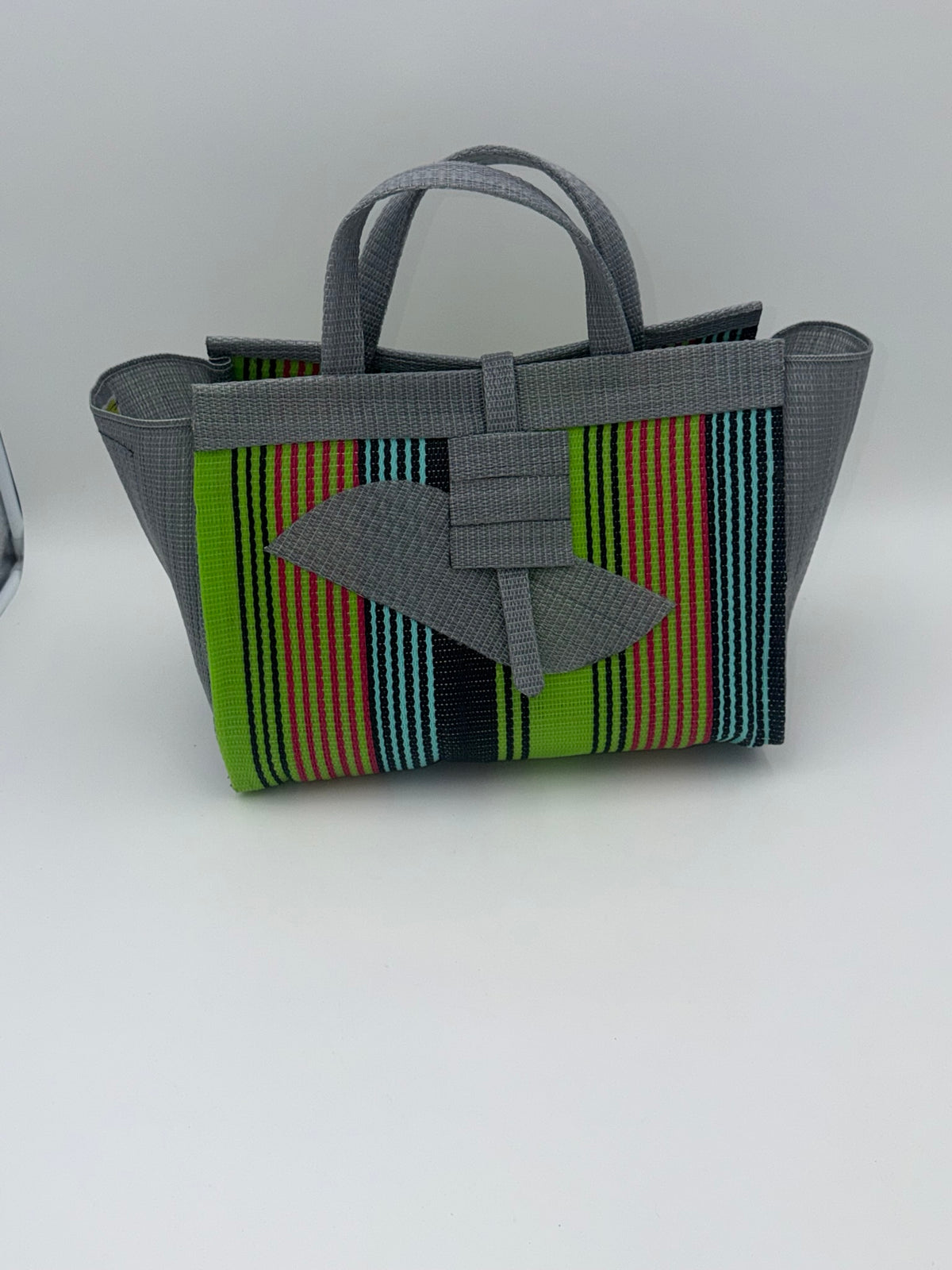 Metallic Large handwoven tote bag by SCRUBIES in Grey,Green,Orange,Teal,Black with Stripes design and Almond accent pattern