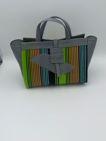 Metallic Large handwoven tote bag by SCRUBIES in Grey,Green,Orange,Teal,Black with Stripes design and Almond accent pattern