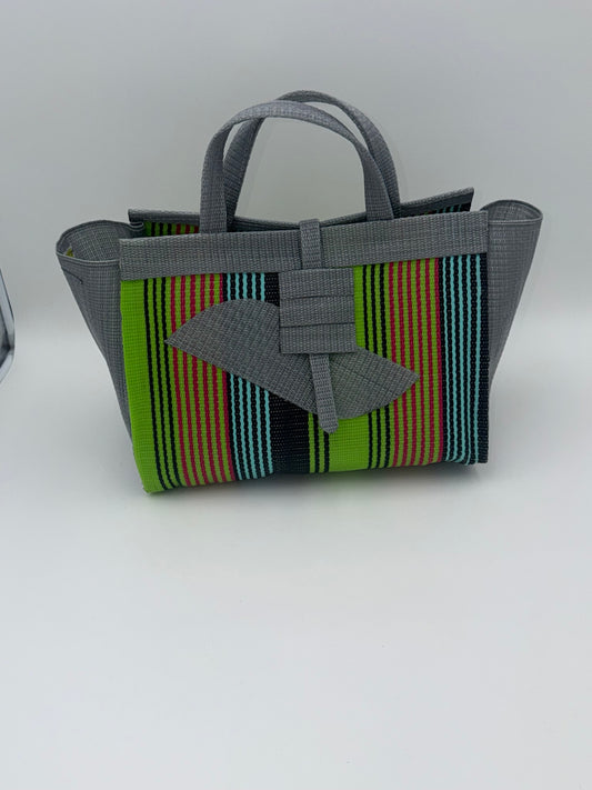 Metallic Large handwoven tote bag by SCRUBIES in Grey,Green,Orange,Teal,Black with Stripes design and Almond accent pattern