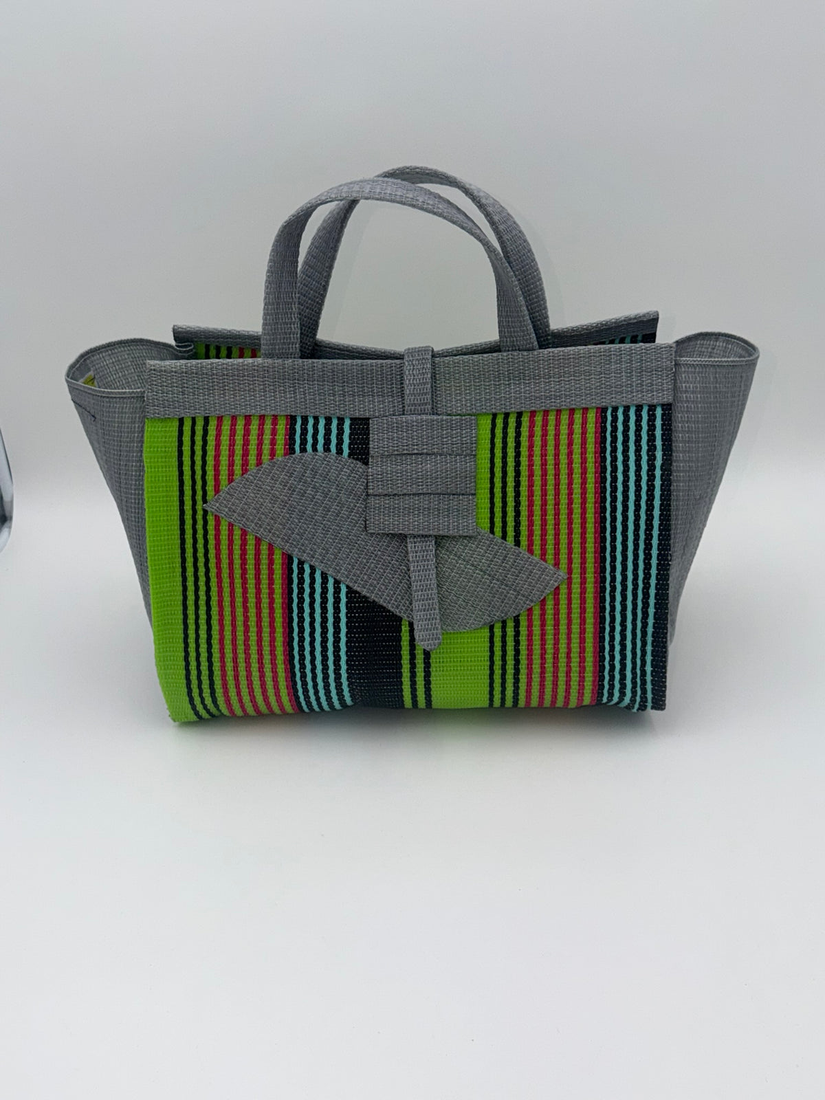 Metallic Large handwoven tote bag by SCRUBIES in Grey,Green,Orange,Teal,Black with Stripes design and Almond accent pattern
