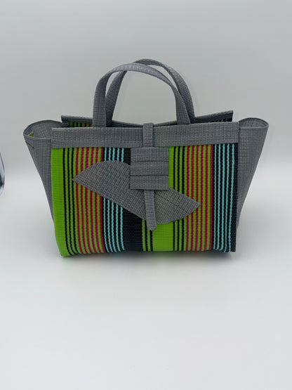 Metallic Large handwoven tote bag by SCRUBIES in Grey,Green,Orange,Teal,Black with Stripes design and Almond accent pattern