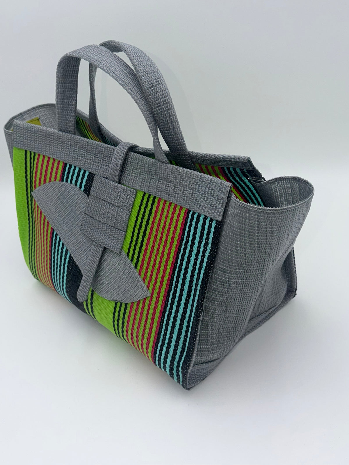Metallic Large handwoven tote bag by SCRUBIES in Grey,Green,Orange,Teal,Black with Stripes design and Almond accent pattern