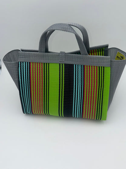 Metallic Large handwoven tote bag by SCRUBIES in Grey,Green,Orange,Teal,Black with Stripes design and Almond accent pattern