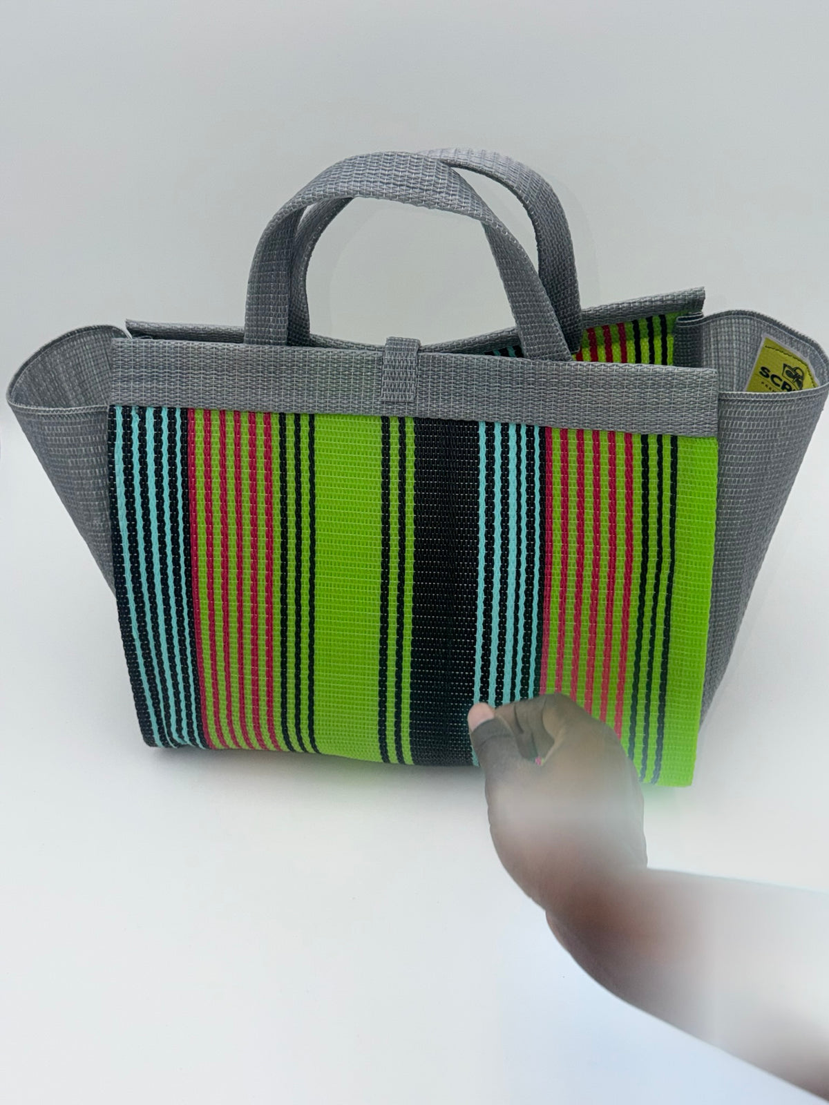 Metallic Large handwoven tote bag by SCRUBIES in Grey,Green,Orange,Teal,Black with Stripes design and Almond accent pattern