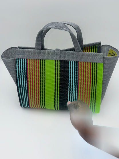 Metallic Large handwoven tote bag by SCRUBIES in Grey,Green,Orange,Teal,Black with Stripes design and Almond accent pattern