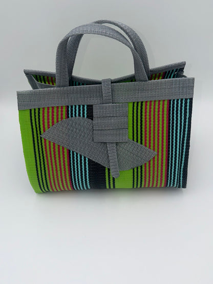 Metallic Large handwoven tote bag by SCRUBIES in Grey,Green,Orange,Teal,Black with Stripes design and Almond accent pattern
