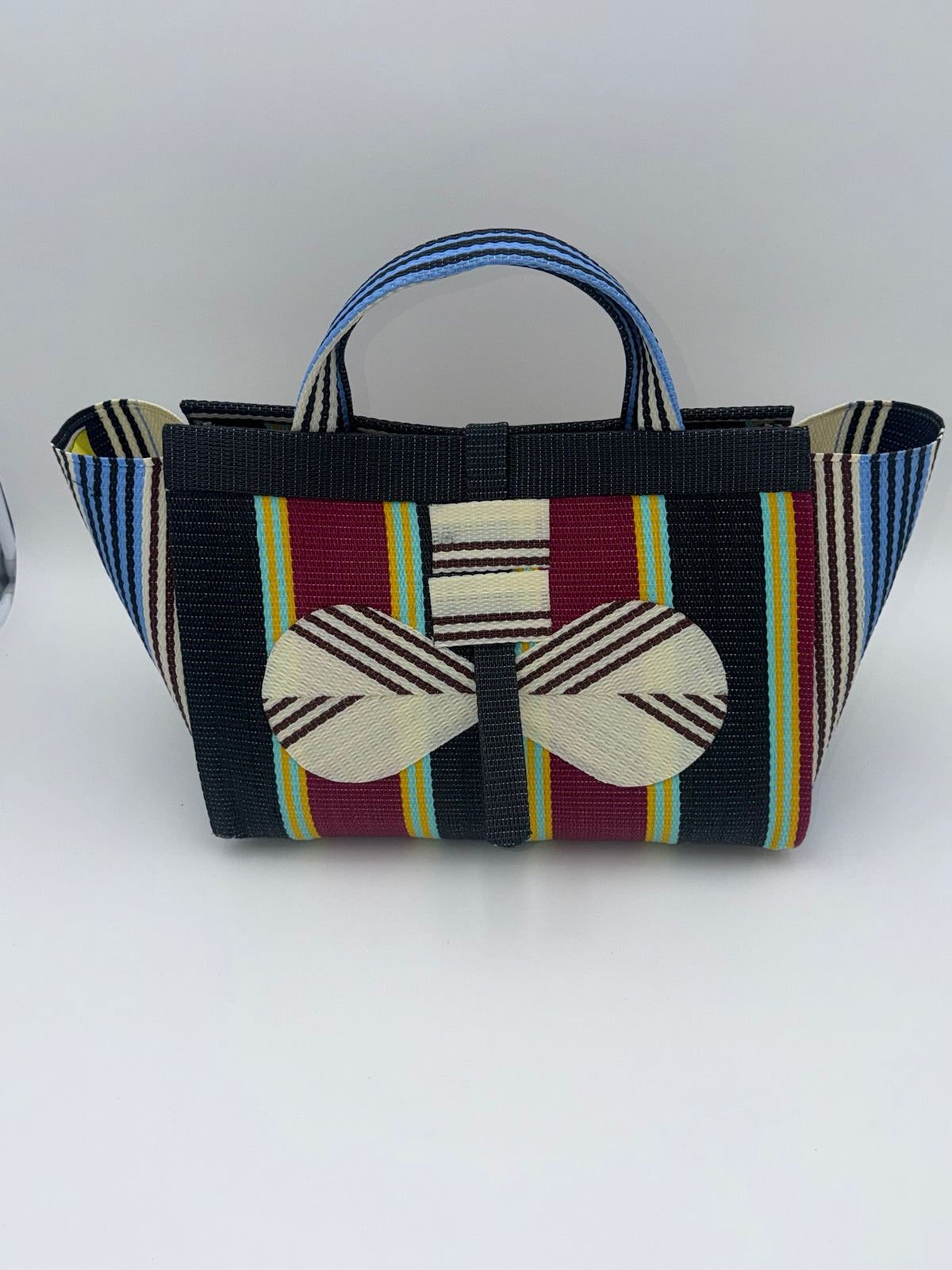 Metallic Large handwoven tote bag by SCRUBIES in Grey,Green,Orange,Teal,Black with Stripes design and Almond accent pattern