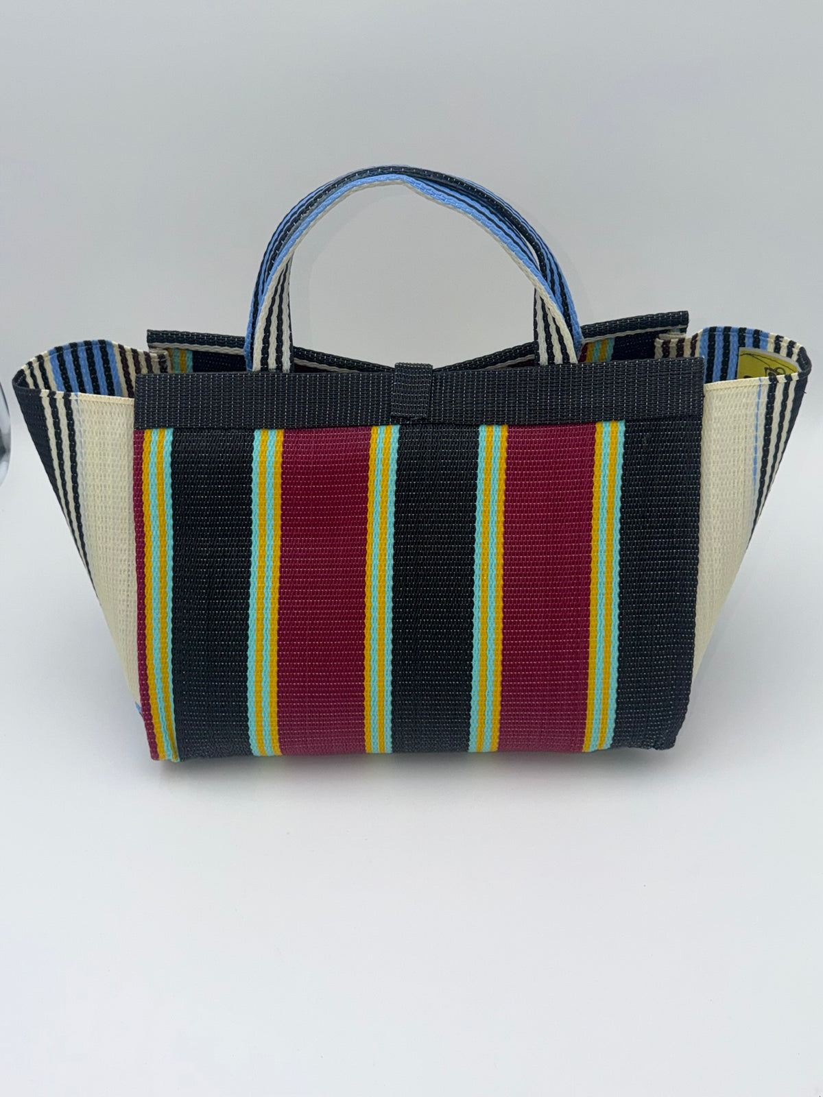 Metallic Large handwoven tote bag by SCRUBIES in Grey,Green,Orange,Teal,Black with Stripes design and Almond accent pattern