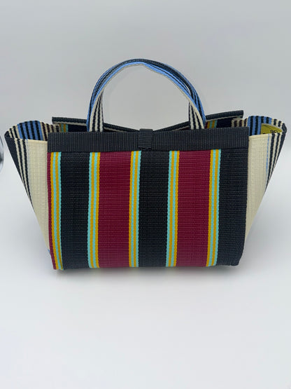 Metallic Large handwoven tote bag by SCRUBIES in Grey,Green,Orange,Teal,Black with Stripes design and Almond accent pattern