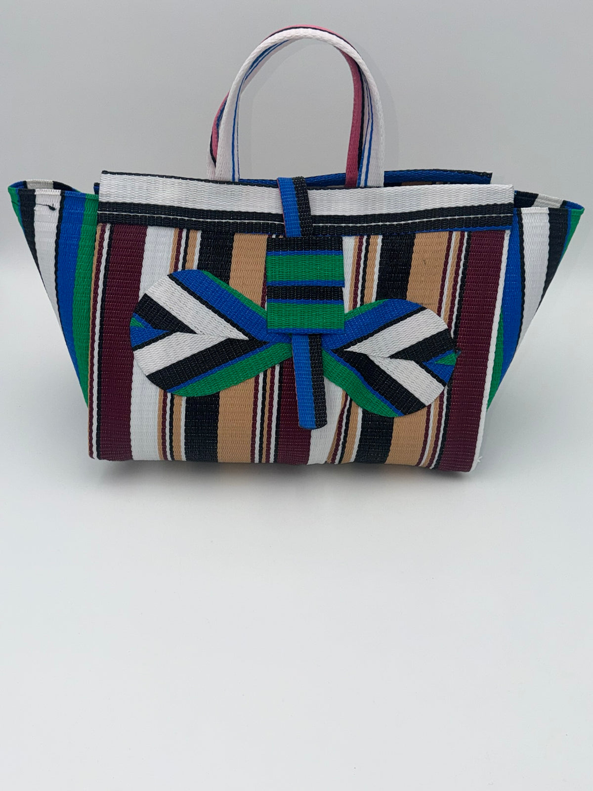 Woodland Large handwoven tote bag by SCRUBIES in White,Green,Blue,Wine,Beige,Black with Stripes design and Bow accent pattern