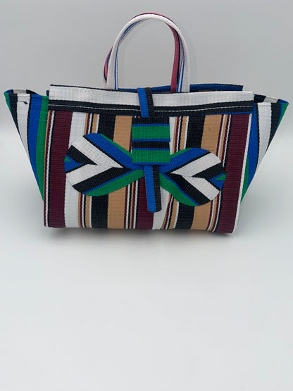 Woodland Large handwoven tote bag by SCRUBIES in White,Green,Blue,Wine,Beige,Black with Stripes design and Bow accent pattern