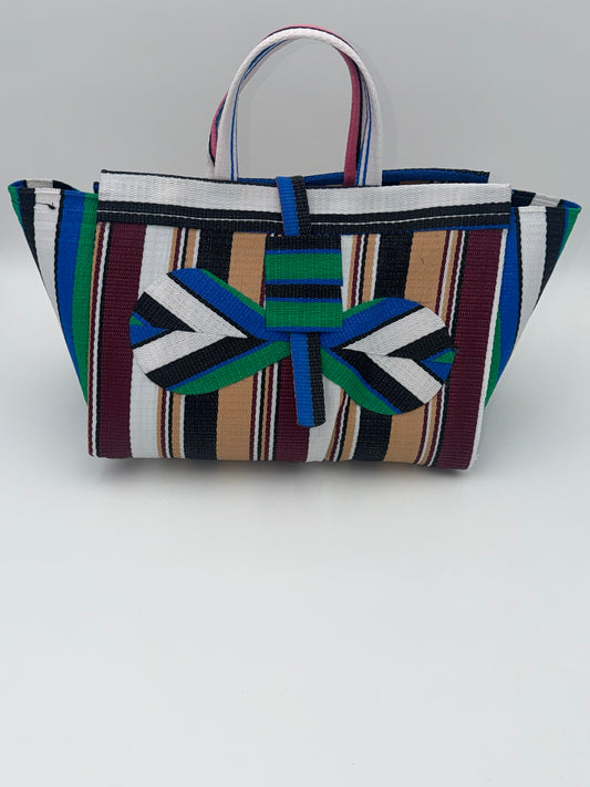 Woodland Large handwoven tote bag by SCRUBIES in White,Green,Blue,Wine,Beige,Black with Stripes design and Bow accent pattern
