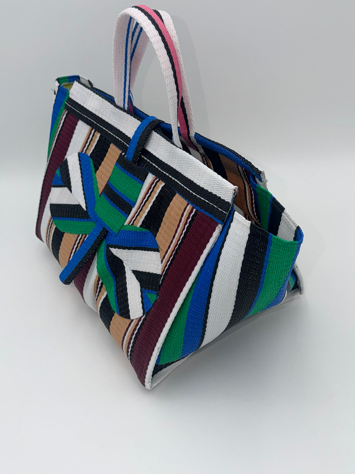 Woodland Large handwoven tote bag by SCRUBIES in White,Green,Blue,Wine,Beige,Black with Stripes design and Bow accent pattern