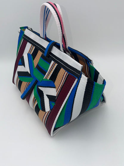 Woodland Large handwoven tote bag by SCRUBIES in White,Green,Blue,Wine,Beige,Black with Stripes design and Bow accent pattern