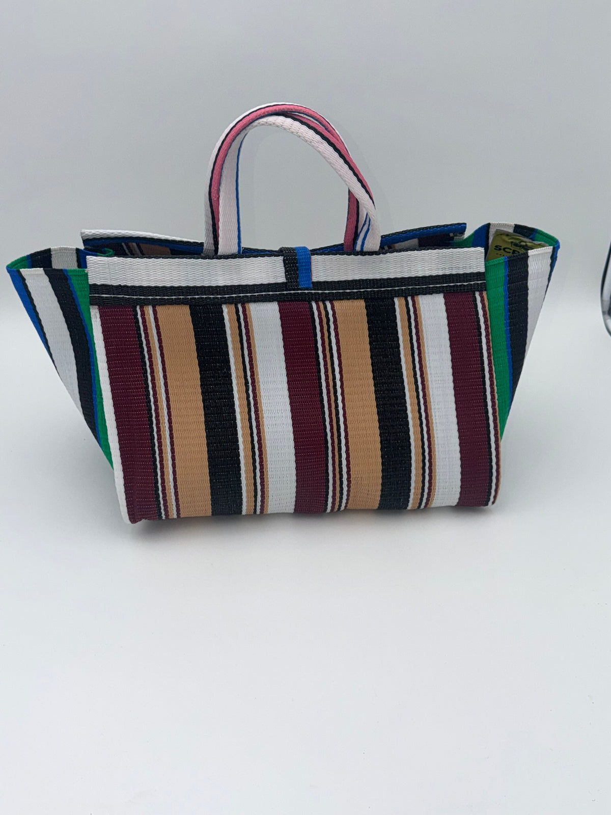 Woodland Large handwoven tote bag by SCRUBIES in White,Green,Blue,Wine,Beige,Black with Stripes design and Bow accent pattern