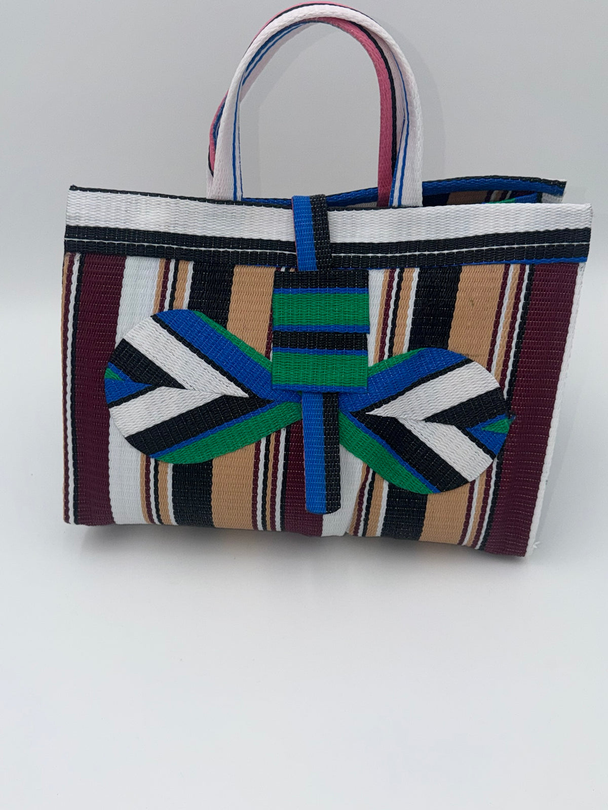 Woodland Large handwoven tote bag by SCRUBIES in White,Green,Blue,Wine,Beige,Black with Stripes design and Bow accent pattern