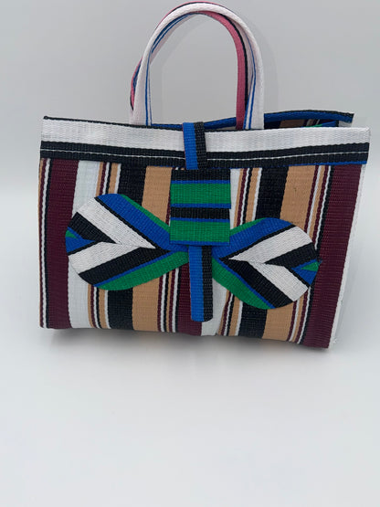 Woodland Large handwoven tote bag by SCRUBIES in White,Green,Blue,Wine,Beige,Black with Stripes design and Bow accent pattern