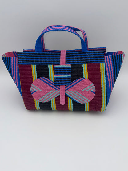 Winery Large handwoven tote bag by SCRUBIES in Pink,Blue,Wine,Black, with Stripes design and Bow accent pattern