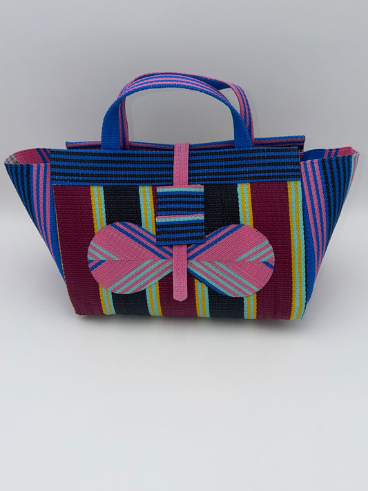 Winery Large handwoven tote bag by SCRUBIES in Pink,Blue,Wine,Black, with Stripes design and Bow accent pattern